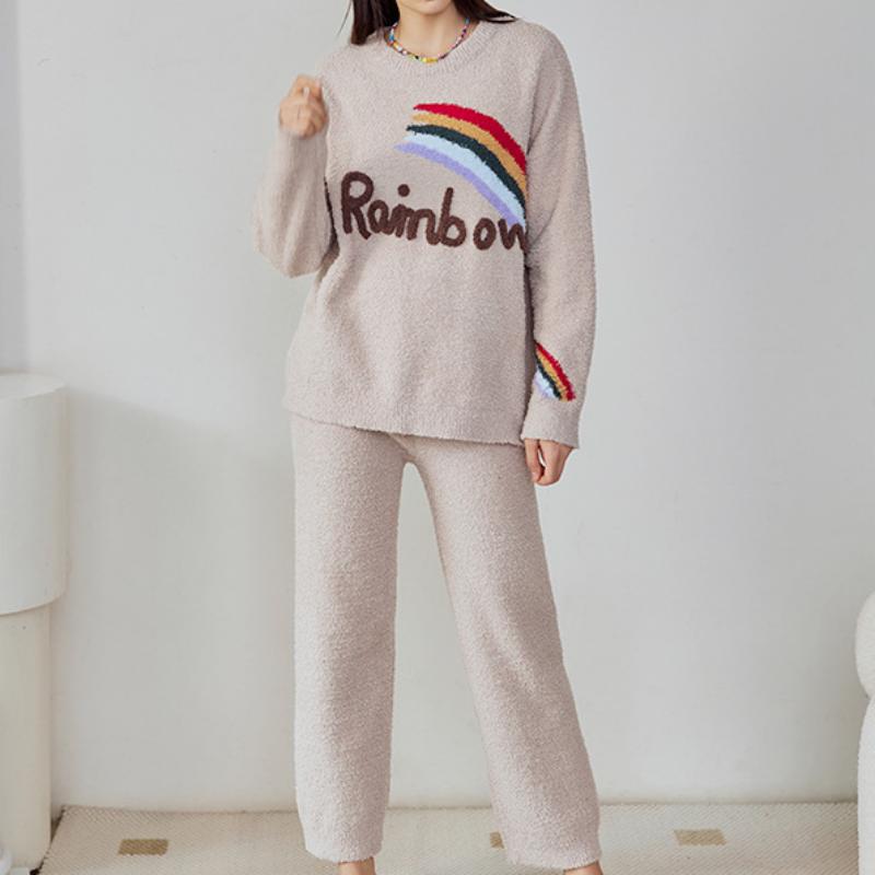 Khaki Rainbow Half-Pile Flannel Pullover Long Sleeve Trousers Pajamas Set