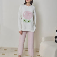 White Large flowers Half-Pile Flannel Pullover Long Sleeve Trousers Pajamas Set