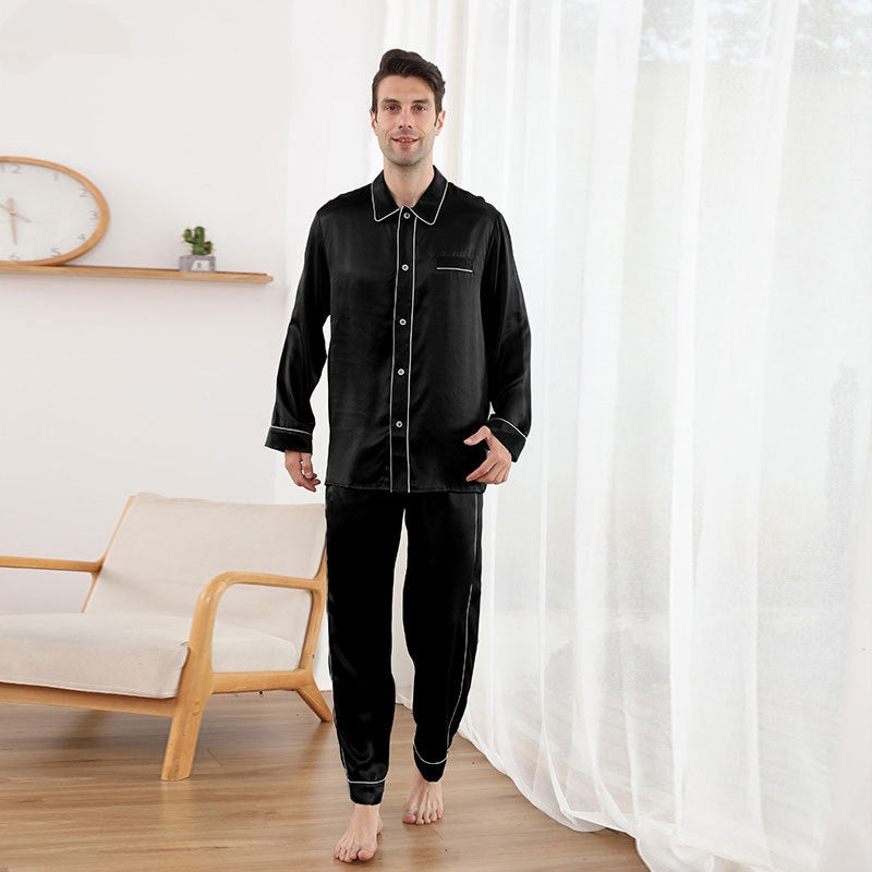 22 Momme Mulberry Silk Men's Long Sleeve Trousers Double Piping Pajamas Set