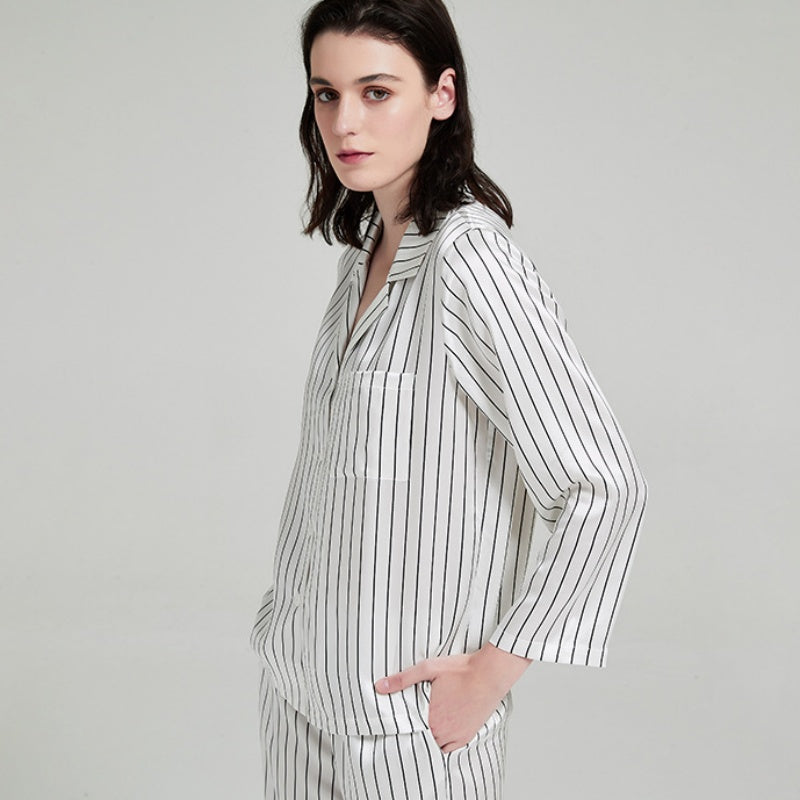 19 Momme Mulberry Silk Vertical Stripe Long Sleeve Trousers Pajamas Set