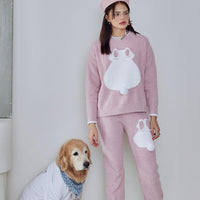 Pink Back of rabbit Half-Pile Flannel Pullover Long Sleeve Trousers Pajamas Set