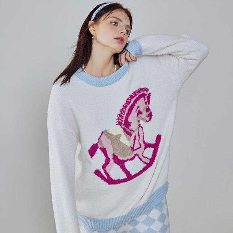 Light Blue Hobbyhorse Half-Pile Flannel Pullover Long Sleeve Trousers Pajamas Set