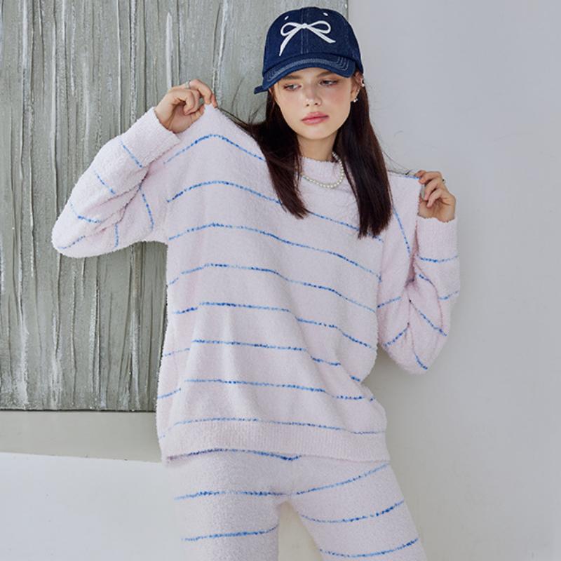 Pink Stripe Half-Pile Flannel Pullover Long Sleeve Trousers Pajamas Set