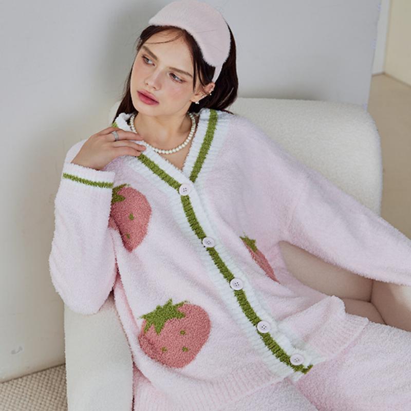 Pink Strawberry Half-Pile Long Sleeve Trousers Pajamas Set