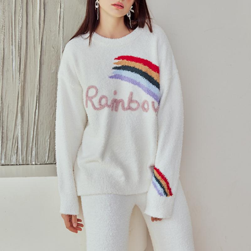 White Rainbow Half-Pile Flannel Pullover Long Sleeve Trousers Pajamas Set