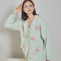 Green Bow Half-Pile Flannel Long Sleeve Trousers Pajamas Set