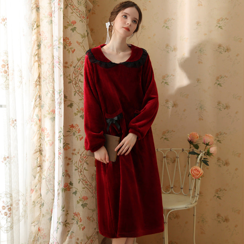 Cute Lapel Lace Bow Velvet Long Sleeve Nightdress