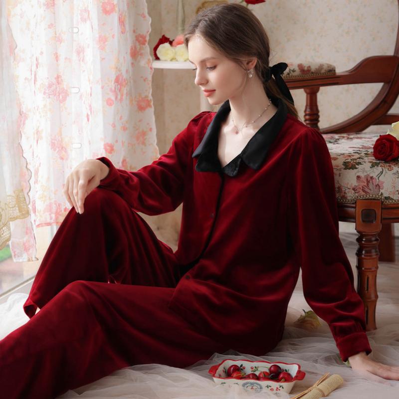 Simple Burgundy Lapel Velvet Long Sleeve Trousers Pajamas Set