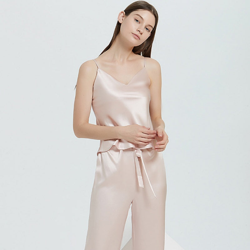 22 Momme Mulberry Silk Light Pinkish Camisole And Long Trousers Pajamas Set