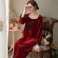 Burgundy Square Collar Bow Velvet Long Sleeve Nightdress