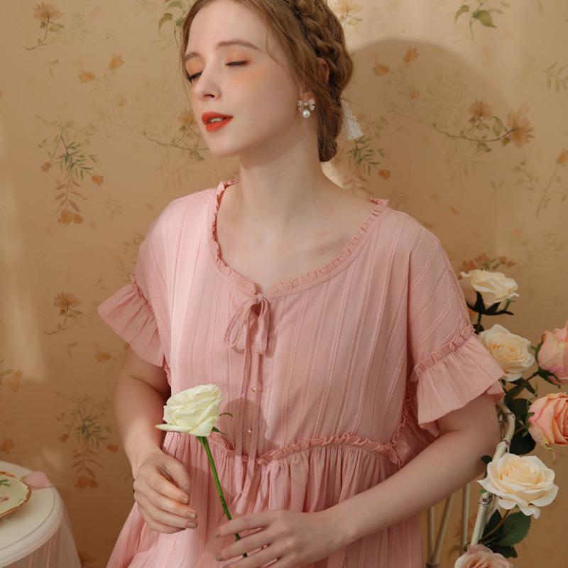 Short Sleeved Pink Cotton Court Style Nightdress