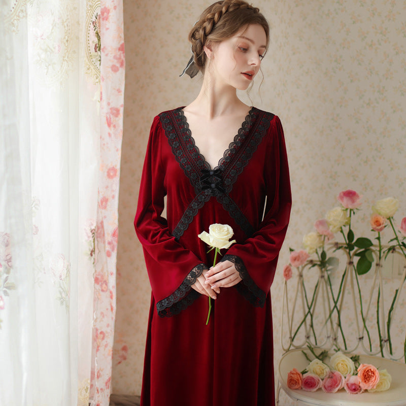 Lace Velvet Long-Sleeved Nightdress With Flared Sleeves