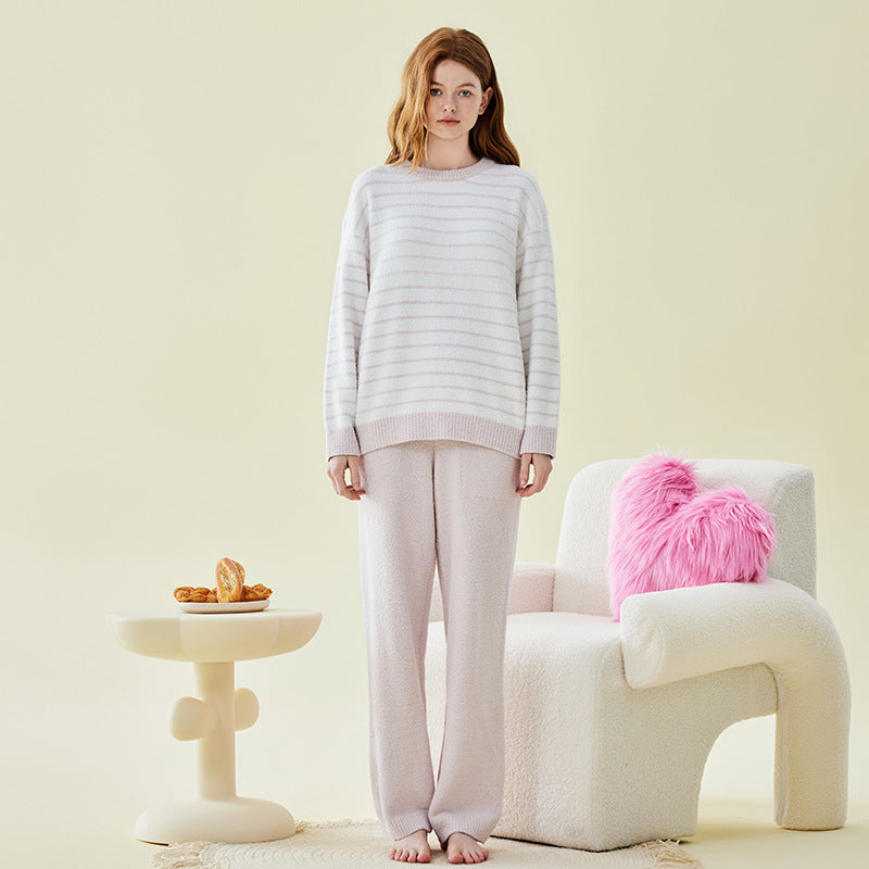 Solid Color Striped Velvet Long Sleeve Trousers Pajamas Set