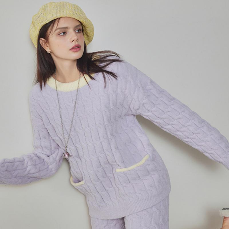 Lilac Half-Pile Flannel Pullover Long Sleeve Trousers Pajamas Set