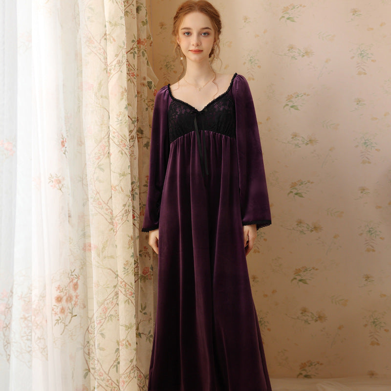 Courtly Lace Velvet Nightdress With Wide Sleeves