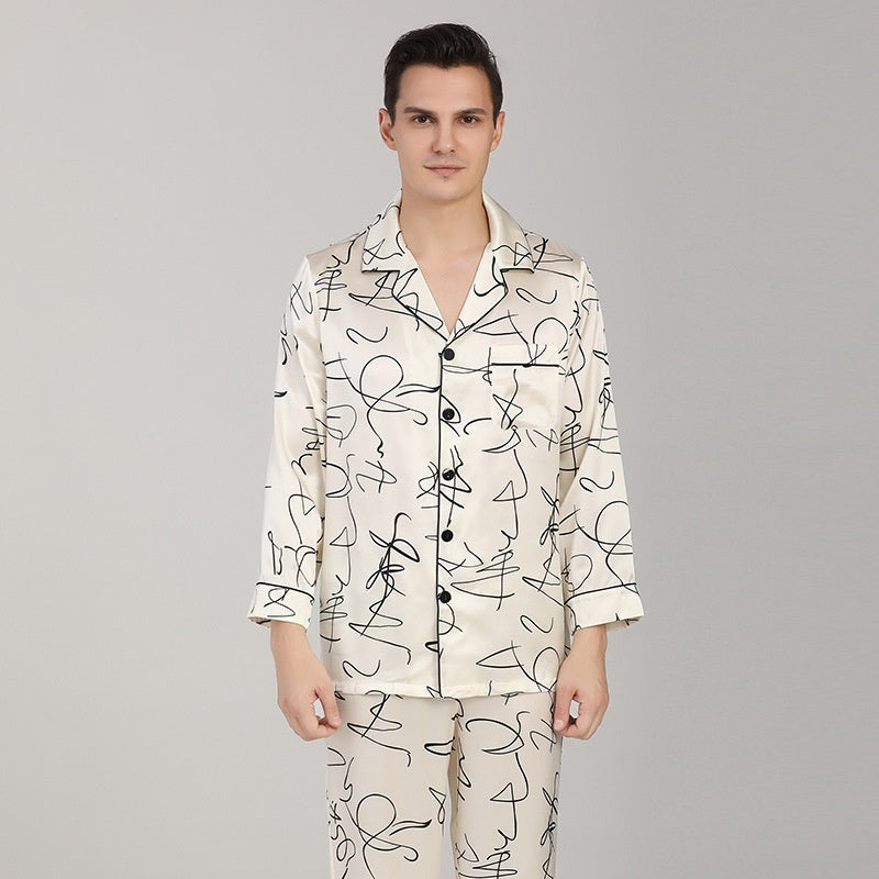 19 Momme 100% Mulberry Silk Line Printed Men's Long Sleeve Pajamas Set