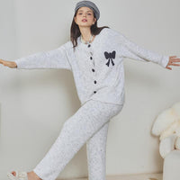 Black Bow Half-Pile Flannel Long Sleeve Trousers Pajamas Set