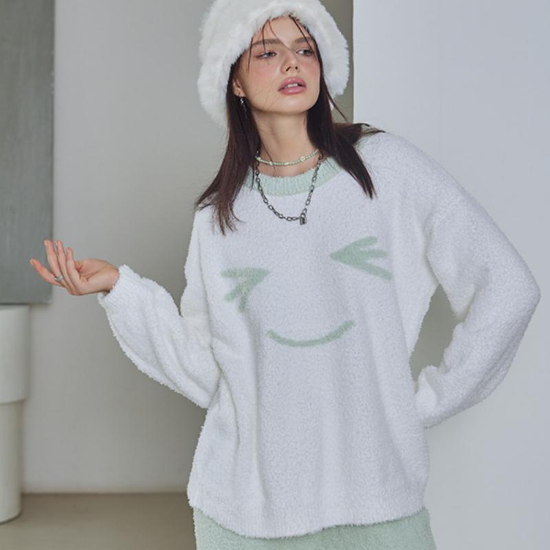 Light Green Cute Expression Half-Pile Flannel Pullover Long Sleeve Trousers Pajamas Set