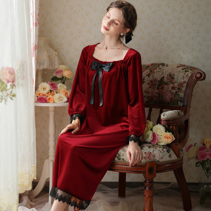 Burgundy Square Collar Bow Velvet Long Sleeve Nightdress