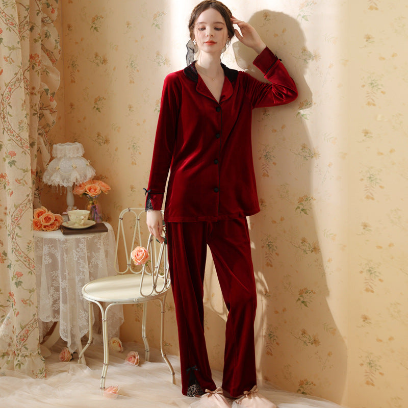 Simple Solid Color V-Neck Velvet Long Sleeve Trousers Pajamas Set