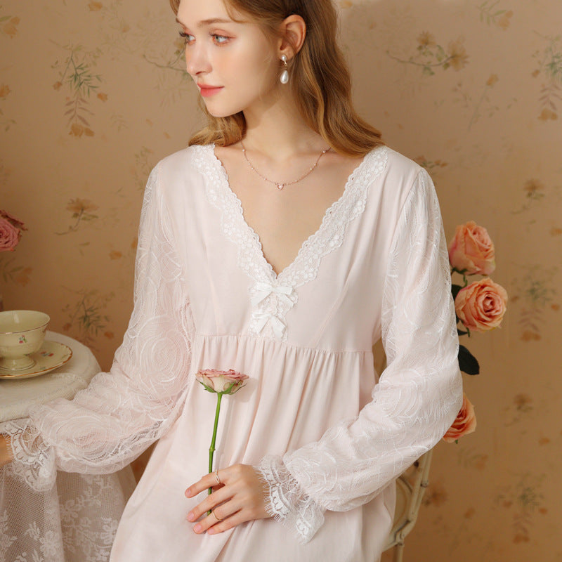 Solid Color Cotton Lace Mesh V-Neck Long-Sleeved Nightdress