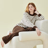 Solid Color Striped Velvet Long Sleeve Trousers Pajamas Set