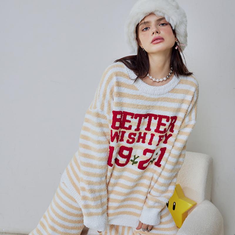 Yellow Stripe Letter Embroidery Half-Pile Flannel Pullover Long Sleeve Trousers Pajamas Set