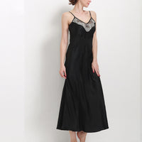 16 Momme Mulberry Silk Lace Black Suspender Long Nightdress