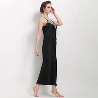 16 Momme Mulberry Silk Lace Black Suspender Long Nightdress