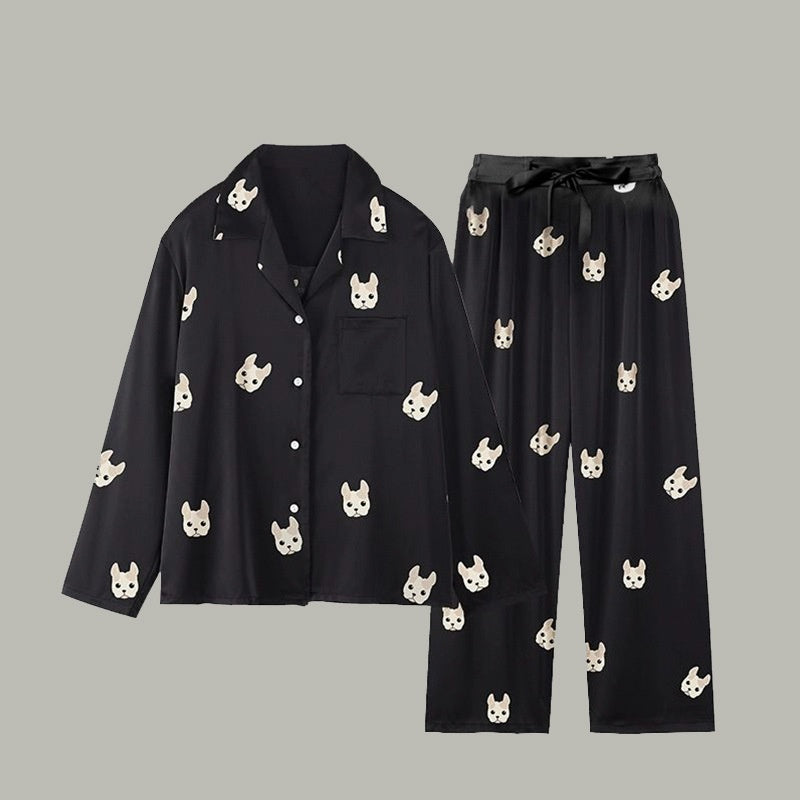 19 Momme Mulberry Silk Puppy Print Long Sleeve Trousers Pajamas Set