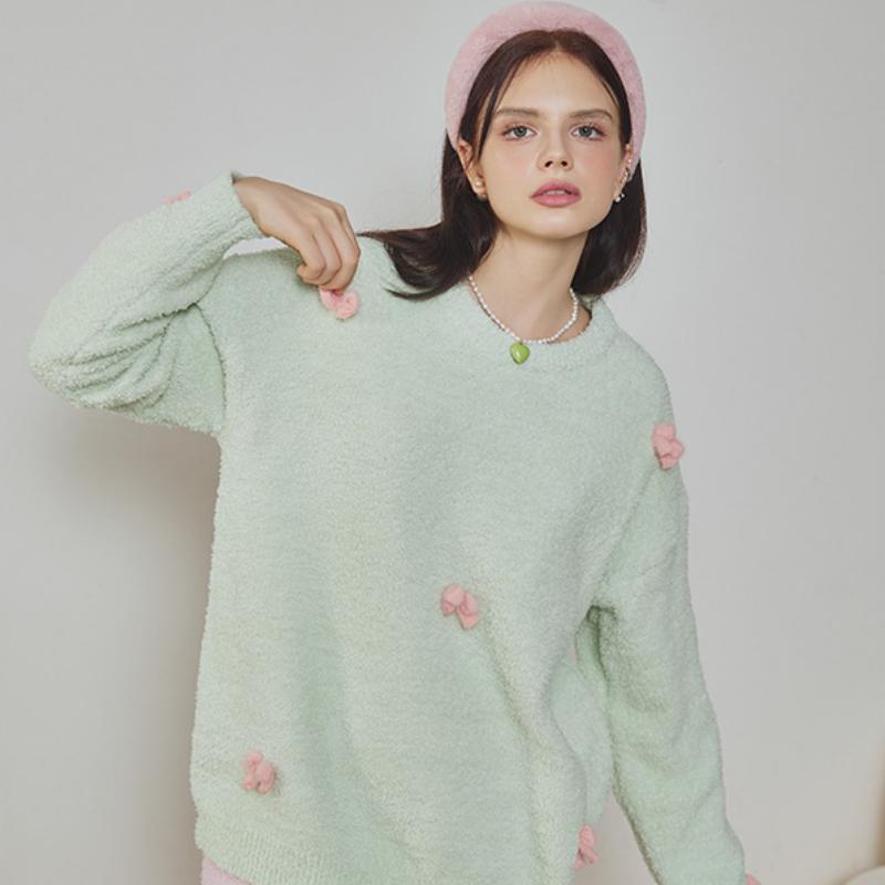 Light Green Bow Half-Pile Flannel Pullover Long Sleeve Trousers Pajamas Set