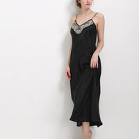 16 Momme Mulberry Silk Lace Black Suspender Long Nightdress