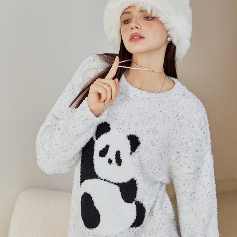 Grey Panda Half-Pile Flannel Pullover Long-Sleeved Pant Pajamas Set