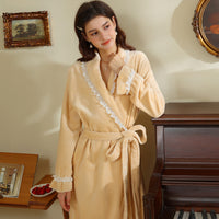 French Lapel Lace Velvet Long Sleeve Robe