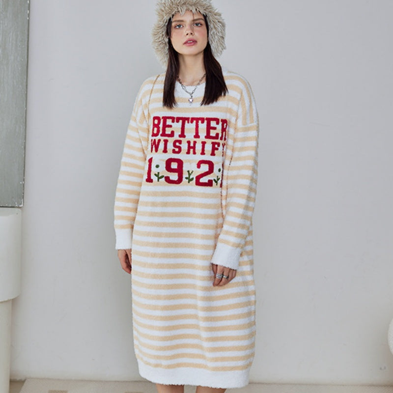 Yellow Purple Stripe Letter Embroidery Half-Pile Flannel Pullover Long-Sleeved Nightdress