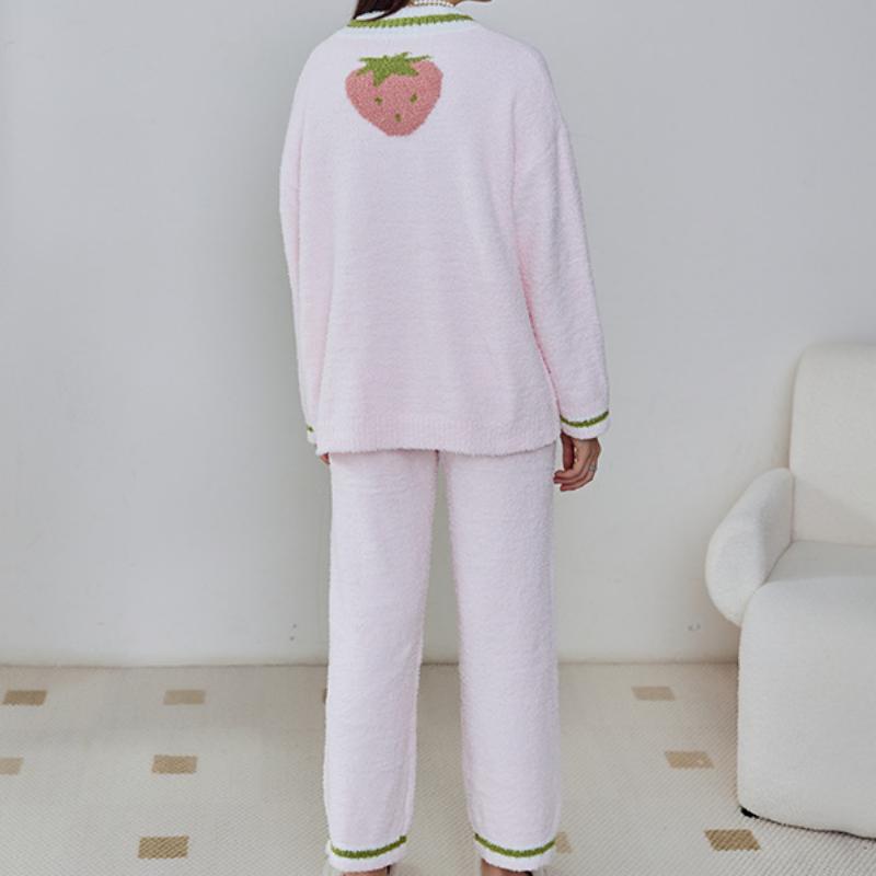 Pink Strawberry Half-Pile Long Sleeve Trousers Pajamas Set