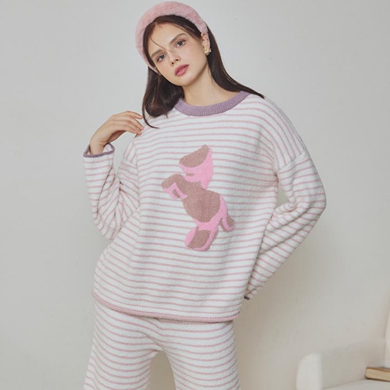 Pink Pony Embroidery Half-Pile Flannel Pullover Long Sleeve Trousers Pajamas Set