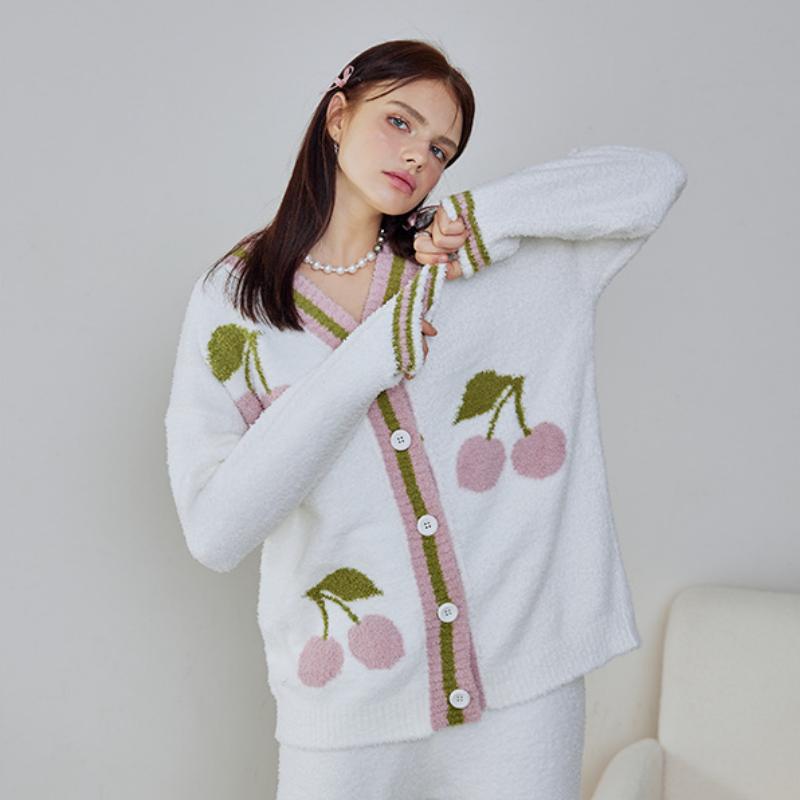 White Cherry Half-Pile Long Sleeve Trousers Pajamas Set