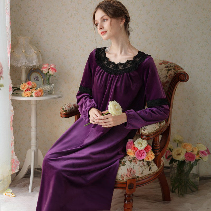 French Lace Velvet Long Sleeve Nightdress