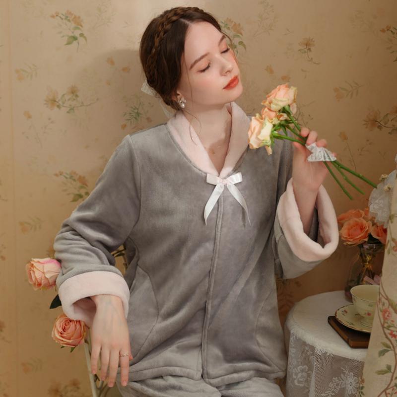 Elegant Grey Velvet Long Sleeve Trousers Pajama Set With Bow