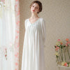 White Elegant V-Neck Bow Ribbon Long Sleeve Cotton Nightdress