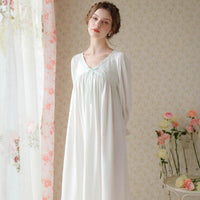 White Elegant V-Neck Bow Ribbon Long Sleeve Cotton Nightdress