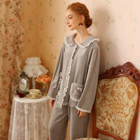 Elegant Lapel Lace Velvet Long Sleeve Trousers Pajama Set