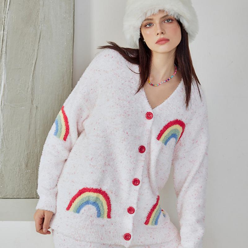 Pink Small Rainbow Half-Pile Long Sleeve Trousers Pajamas Set