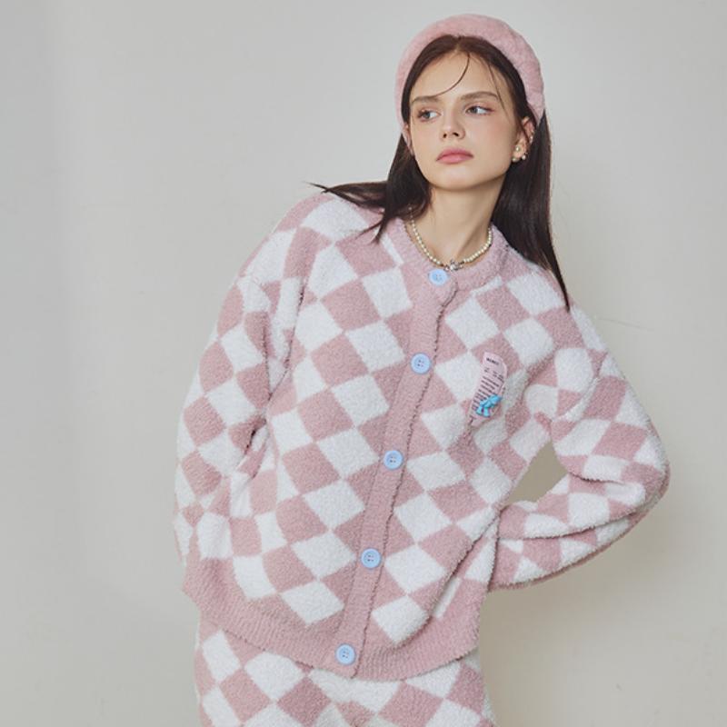 Pink Diamond Lattice Half-Pile Flannel Long Sleeve Trousers Pajamas Set