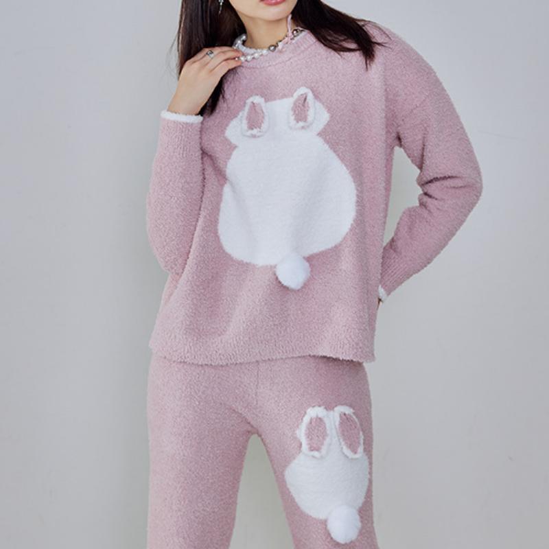 Pink Back of rabbit Half-Pile Flannel Pullover Long Sleeve Trousers Pajamas Set