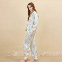 19 Momme Mulberry Silk Small Daisy Print Long Sleeve Trousers Pajamas Set