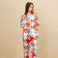 19 Momme Mulberry Silk Orange Houndstooth Long Sleeve Trousers Pajamas Set