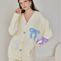 Yellow Bow Embroidery Half-Pile Flannel Long Sleeve Trousers Pajamas Set