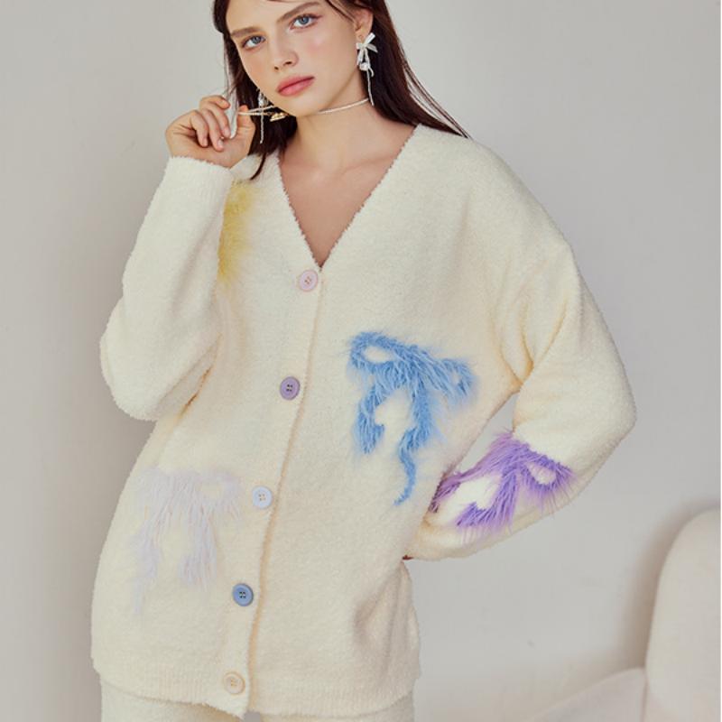 Yellow Bow Embroidery Half-Pile Flannel Long Sleeve Trousers Pajamas Set